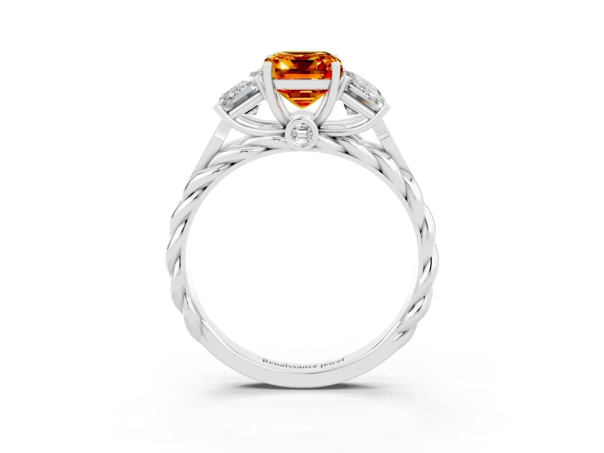 Three-Stone Emerald Cut Citrine Braided Band Ring with Four-Prong Setting Silver