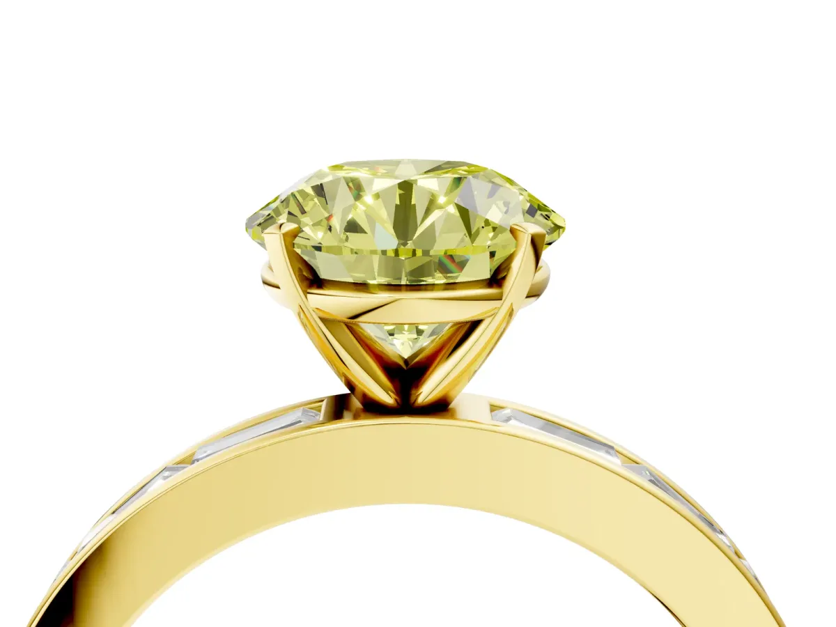 Fancy Yellow Round Cut Solitaire Diamond Ring with Channel-Set Baguette Band and Four-Prong Setting Yellow gold