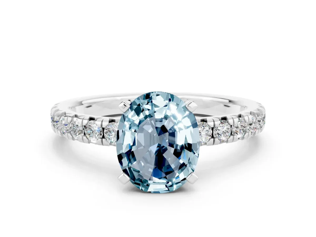 Oval Cut Aquamarine Solitaire Pavé Engagement Ring with Round Band and Prong Setting White gold