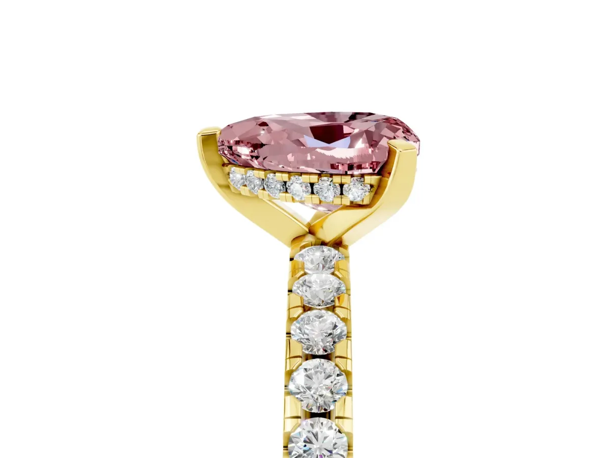 Heart Cut Morganite Solitaire Ring with Round Pavé Band and Four-Prong Setting Yellow gold