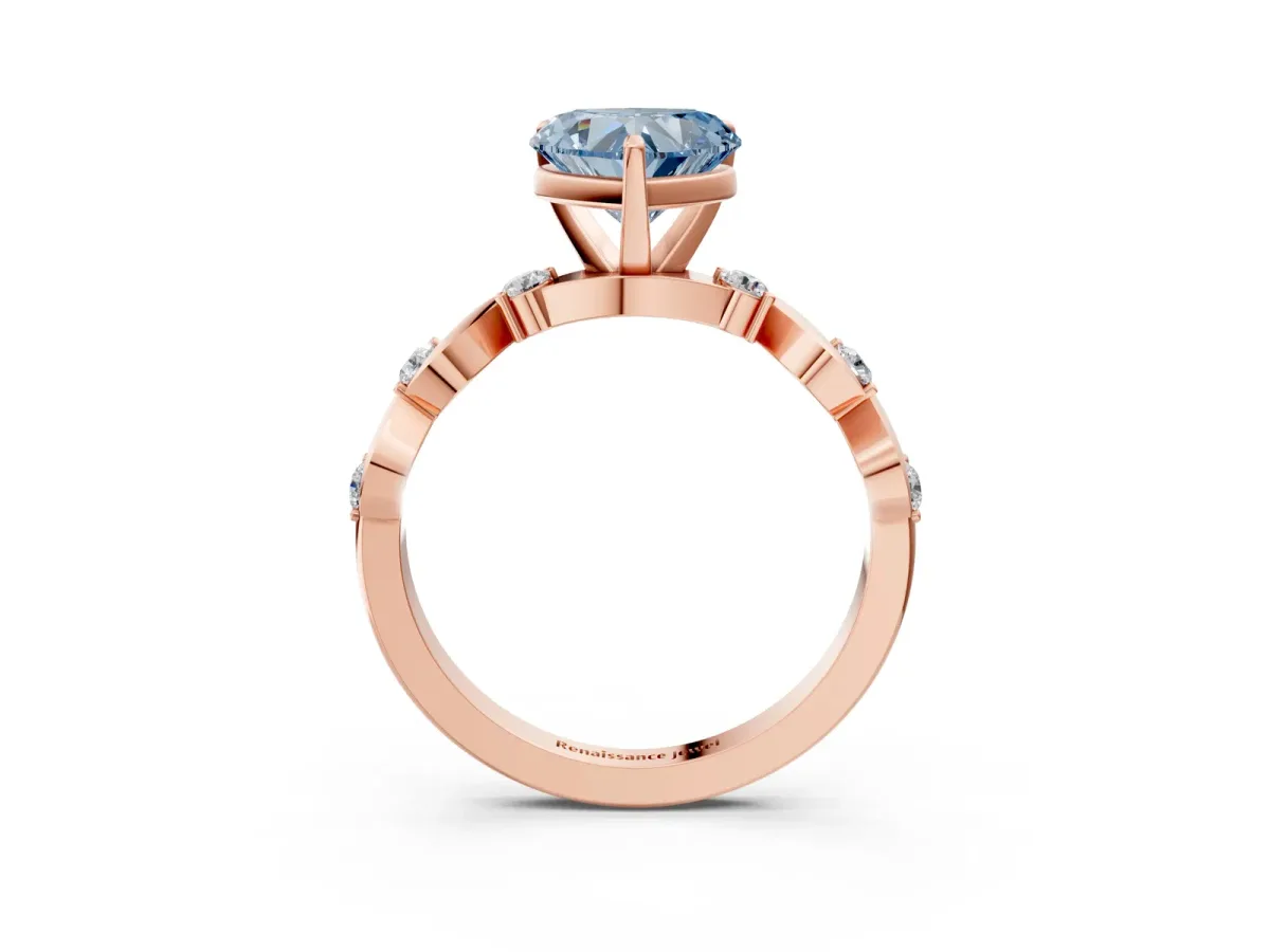 Fancy Blue Heart Cut Diamond Solitaire Twisted Band with Round Accents and Prong Setting Rose gold