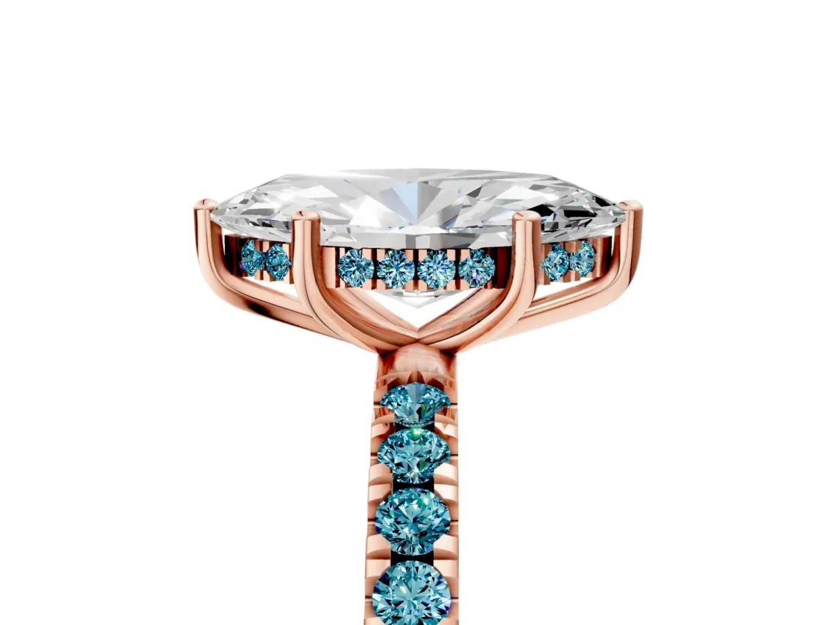 Marquise Cut Diamond Pave Band Solitaire Ring with Round Blue Topaz and Prong Setting Rose gold