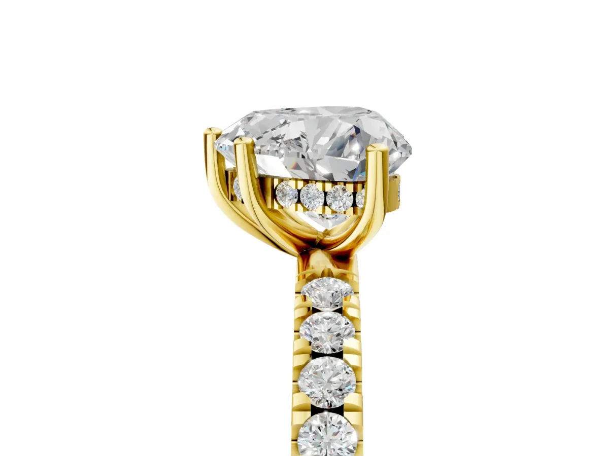 Heart Cut Diamond Pave Band Solitaire Ring with Round Moissanite and Prong Setting Yellow gold