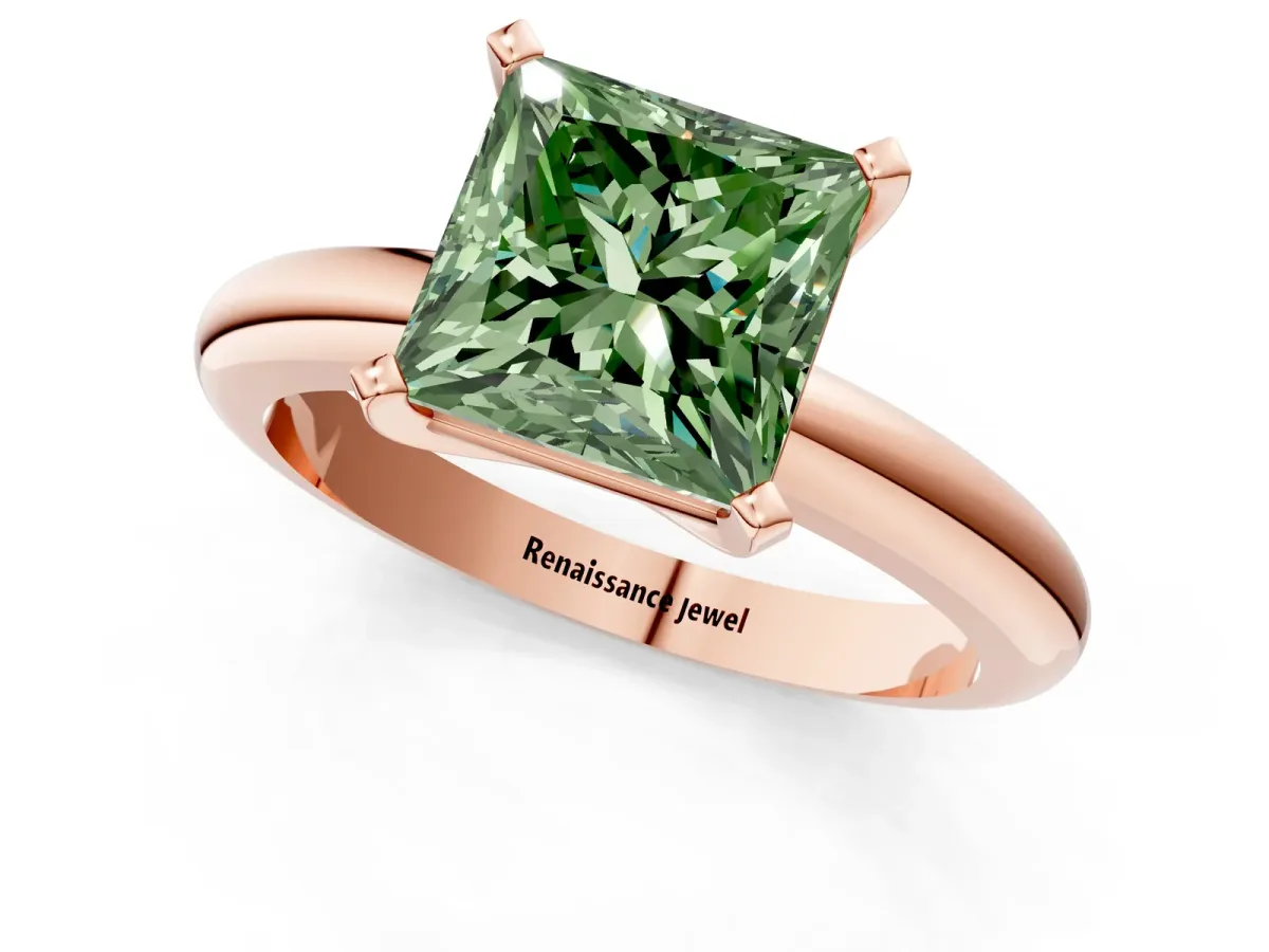 Fancy Green Princess Cut Diamond Solitaire Engagement Ring with Round Band and Four-Prong Setting Rose gold