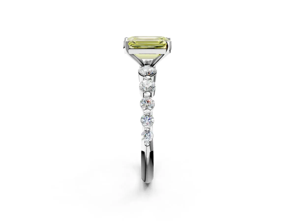 Fancy Yellow Emerald Cut Solitaire Diamond Ring with Pave Band and Four-Prong Setting Silver