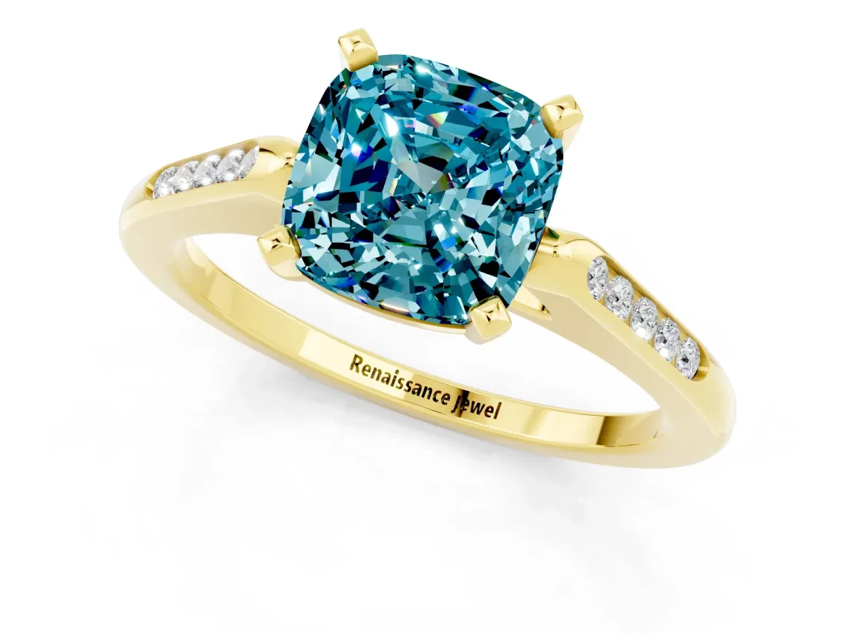 Cushion Cut Blue Topaz Solitaire Ring with Channel Set Round Band and Prong Setting Yellow gold
