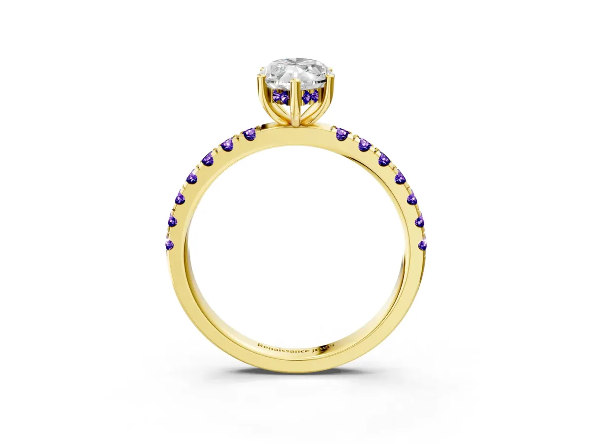Marquise Cut Diamond Pave Band Solitaire Ring with Round Tanzanite and Prong Setting Yellow gold