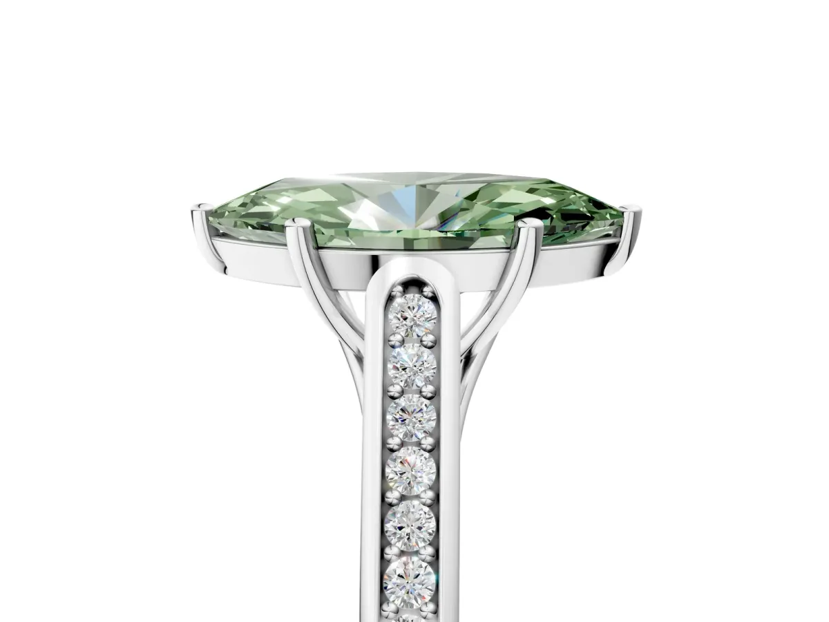 Fancy Green Marquise Cut Solitaire Cathedral Diamond Engagement Ring with Channel-Set Band and Four-Prong Setting Silver