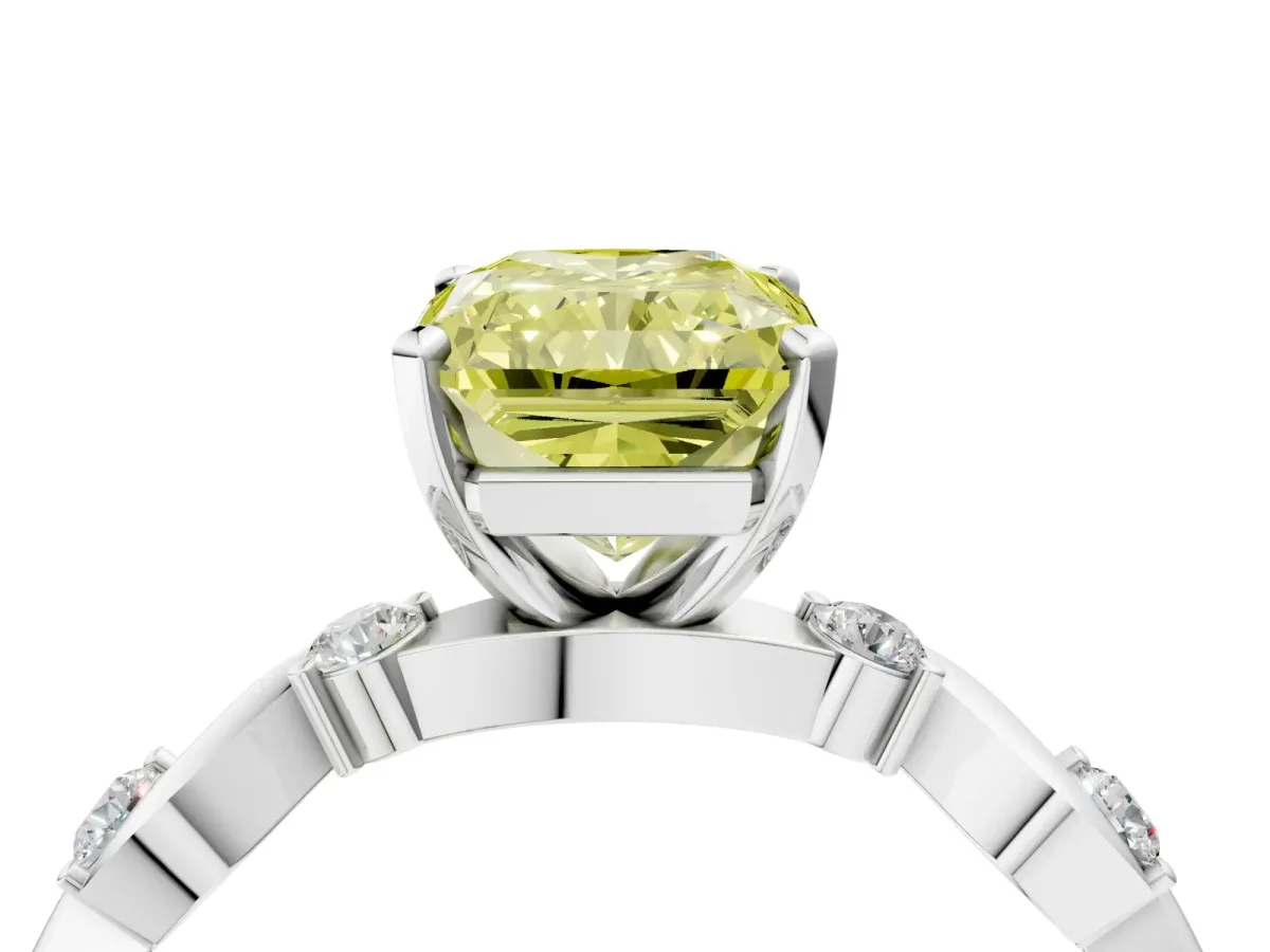 Fancy Yellow Radiant Cut Diamond Solitaire Twisted Band with Round Accents and Prong Setting White gold