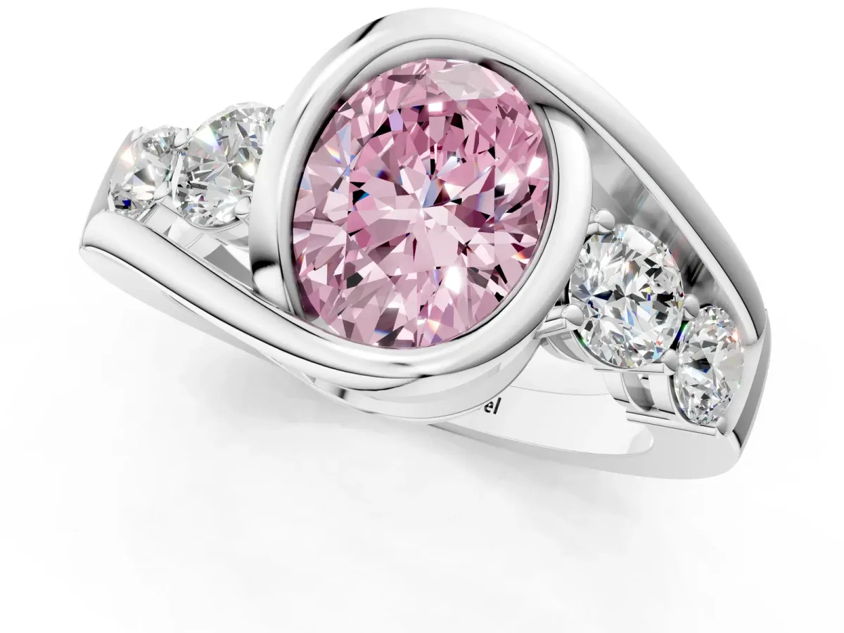 Fancy Pink Bezel Set Oval Cut Diamond Bypass Ring with Round Accents Silver