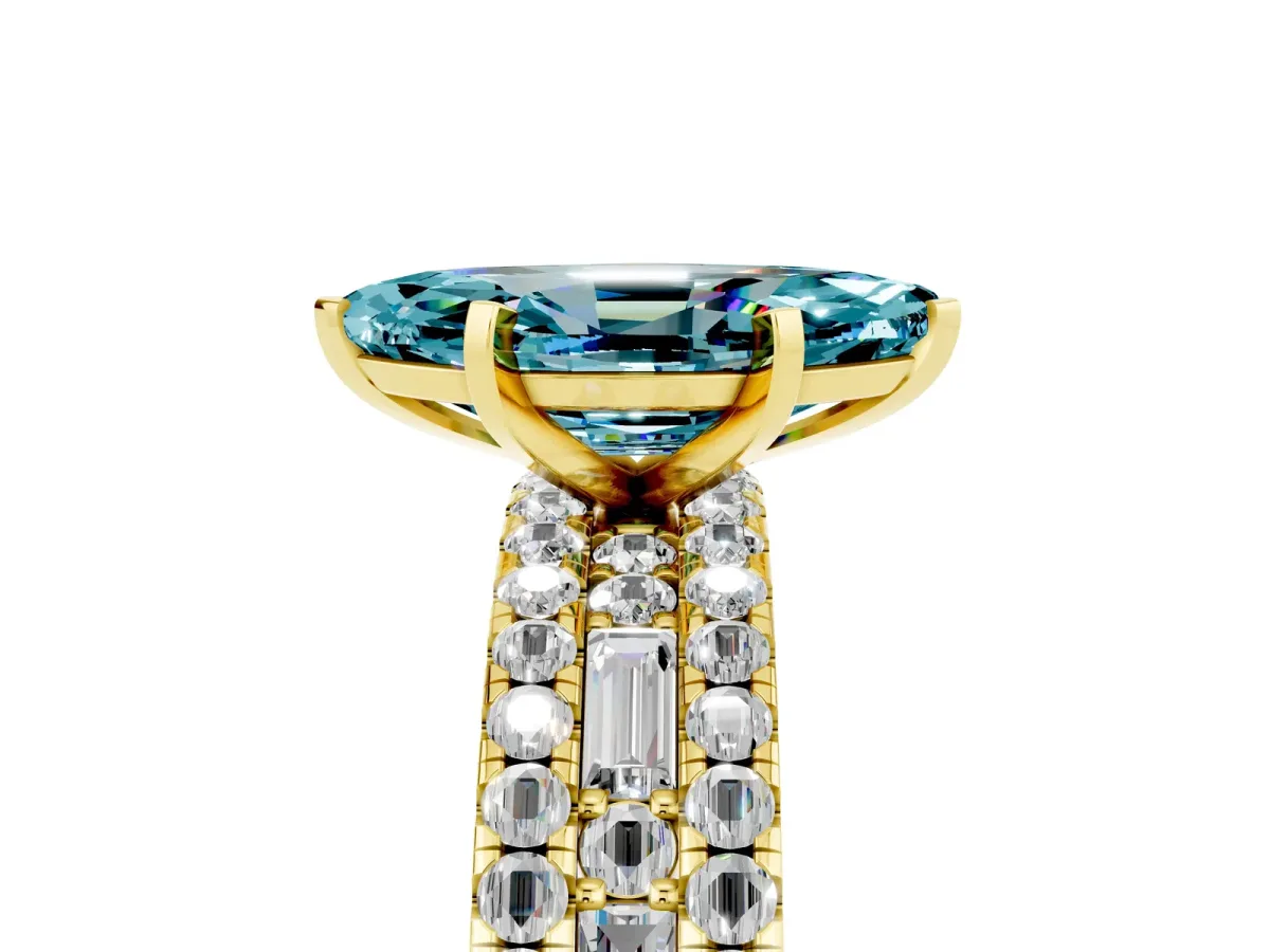 Marquise Cut Blue Topaz Solitaire Ring with Pavé and Channel Set Band Yellow gold