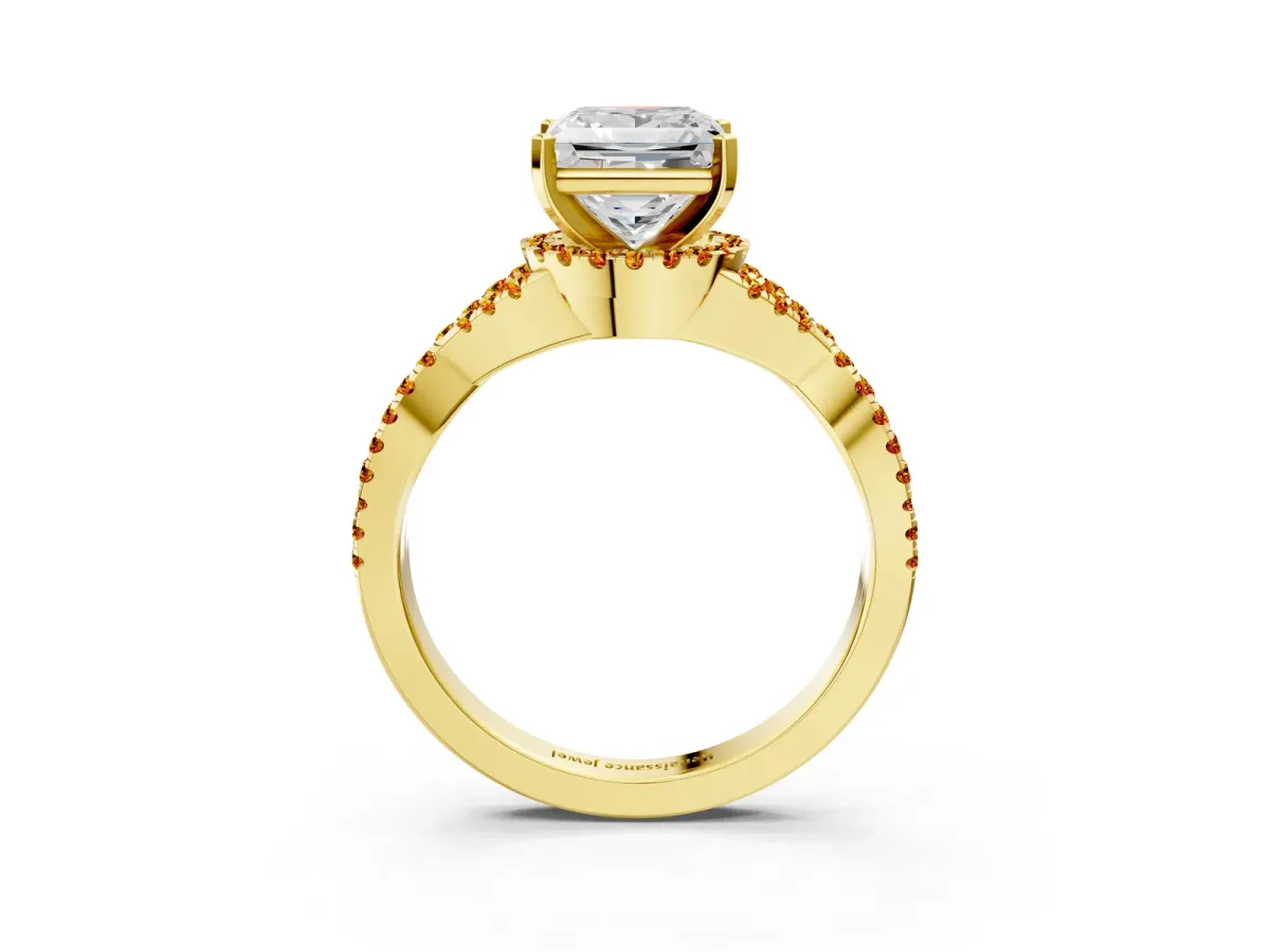 Princess Cut Diamond Citrine Halo Twist Band Solitaire Prong Setting Ring Yellow gold