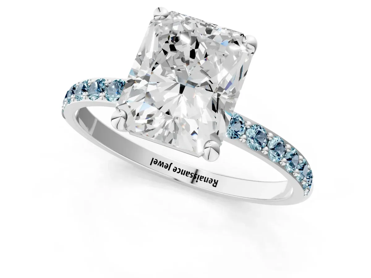 Radiant Cut Diamond Solitaire Ring with Round Aquamarine Pavé Band and Prong Setting White gold