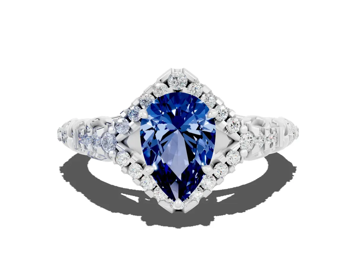 Pear Cut Blue Sapphire Solitaire Ring with Hidden Halo and Pavé Band White gold