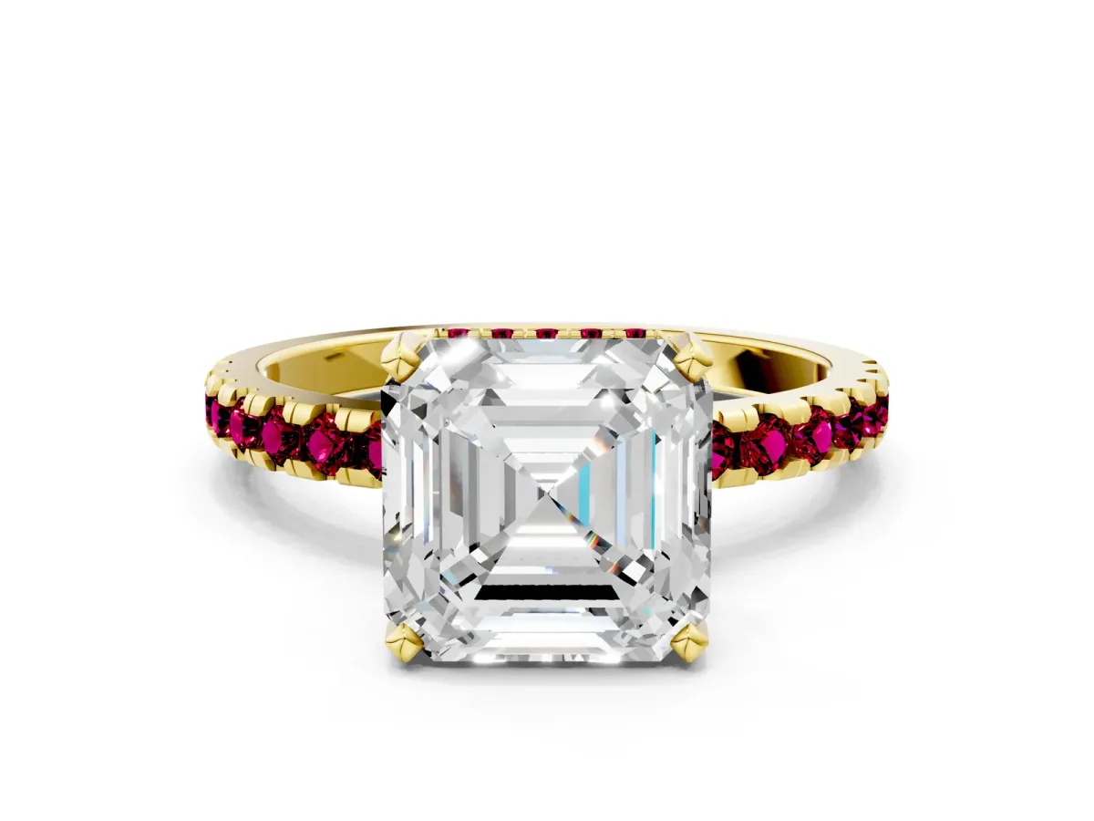 Asscher Cut Diamond Solitaire Ring with Round Garnet Pavé Band and Four-Prong Setting Yellow gold