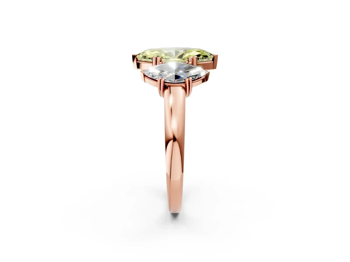 Fancy Yellow Three-Stone Marquise Cut Cut Diamond Ring with Channel Set Band and Four-Prong Setting Rose gold