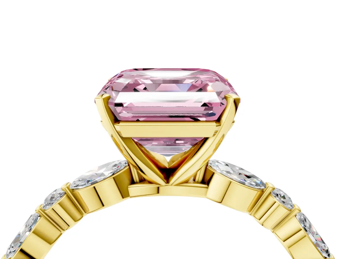 Fancy Pink Asscher Cut Diamond Ring with Marquise and Round Side Stones and Four-Prong Setting Yellow gold