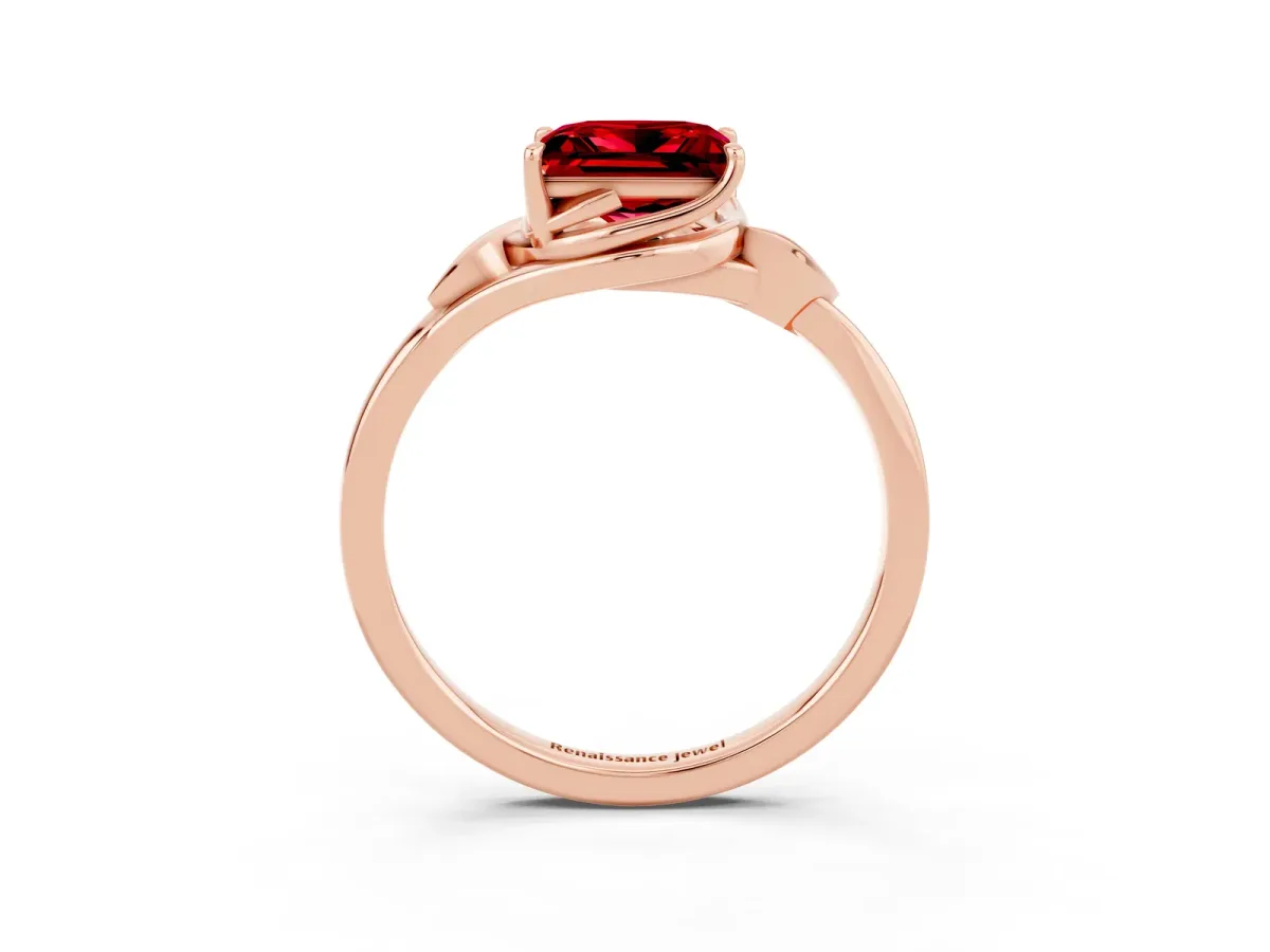 Princess Cut Ruby Solitaire Ring with Twist Band and Four-Prong Setting Rose gold