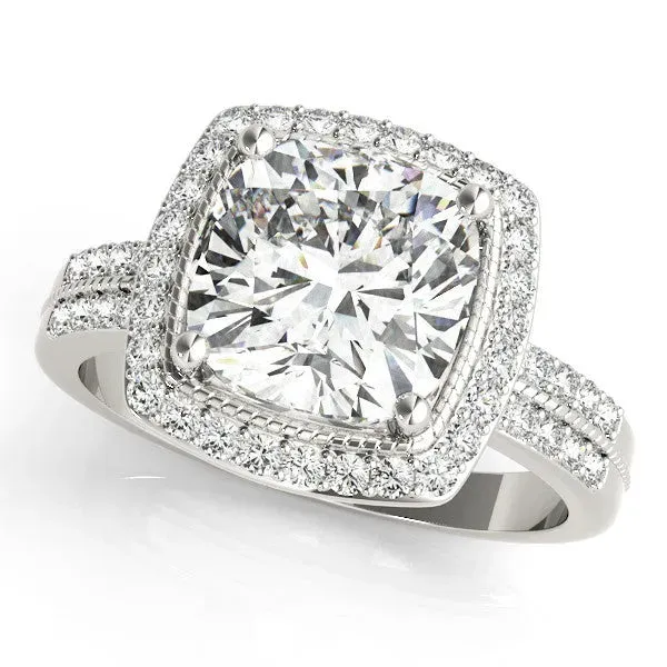 Cushion Cut Diamond Double Halo Ring with Split Shank and Four-Prong Setting Silver