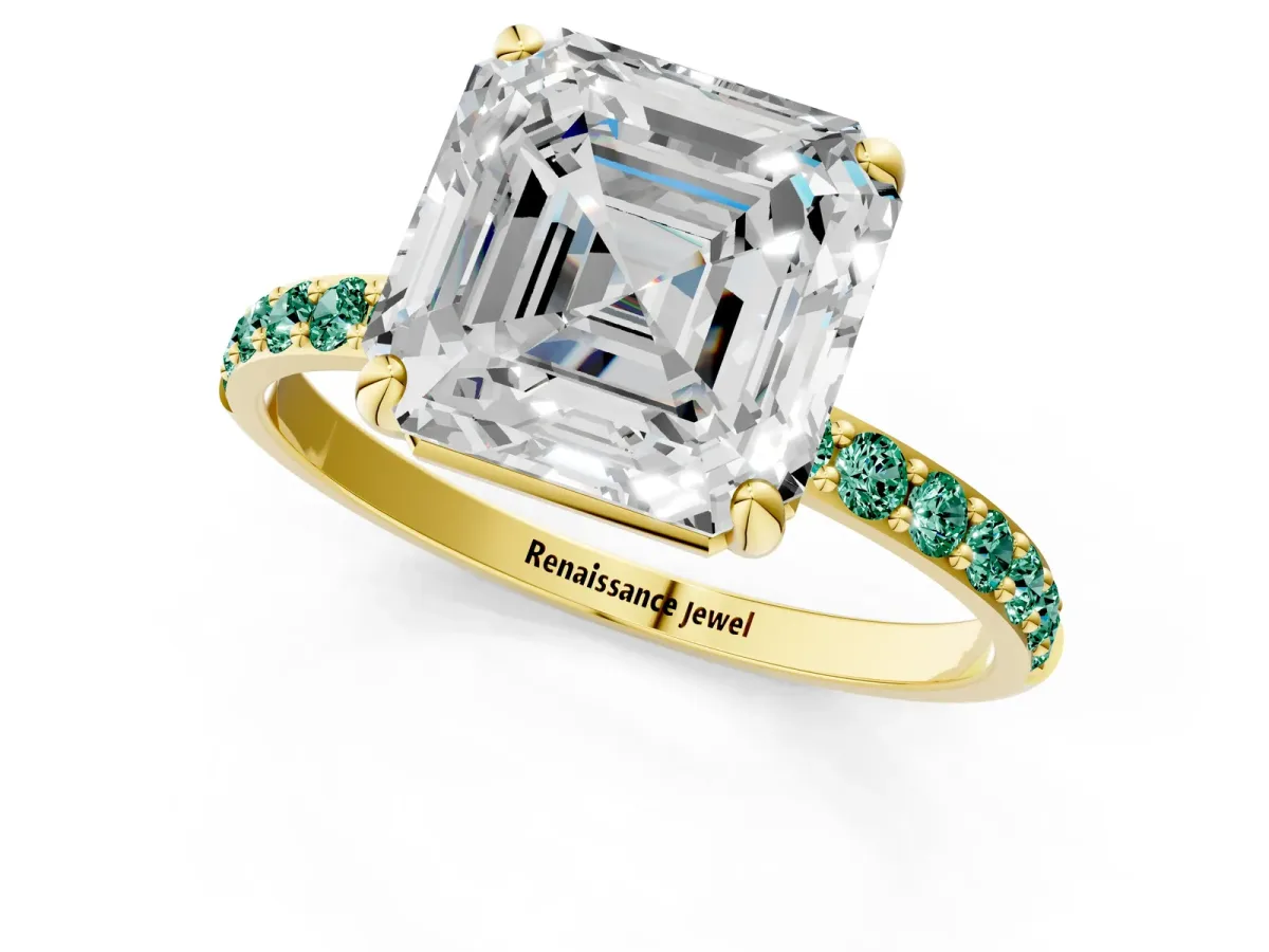 Asscher Cut Diamond Solitaire Ring with Round Green Sapphire Pavé Band and Prong Setting Yellow gold
