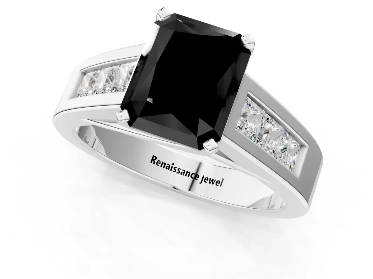 Fancy Black Radiant Cut Cut Channel Set Solitaire Ring with Four-Prong Setting Platinum