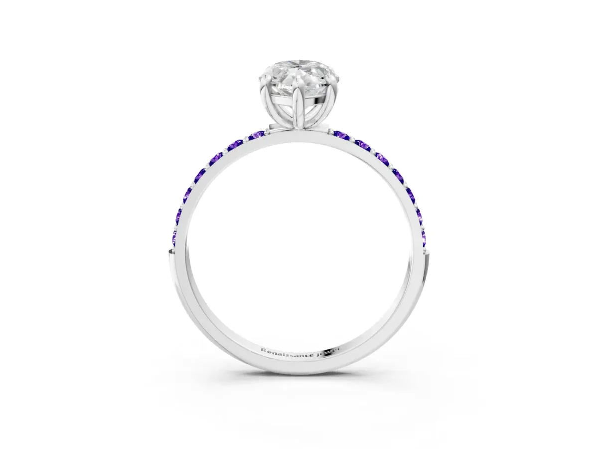 Marquise Cut Diamond Solitaire Ring with Round Tanzanite Pavé Band and Prong Setting White gold