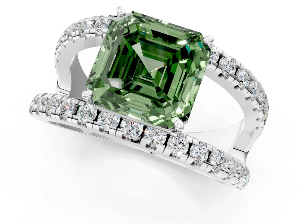 Fancy Green Asscher Cut Solitaire Split Shank Pave Diamond Ring Platinum