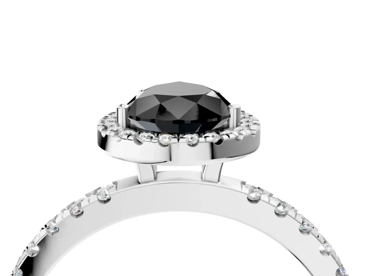 Fancy Black Pear Cut Diamond Classic Halo Engagement Ring with Round Pavé Band and Prong Setting White gold