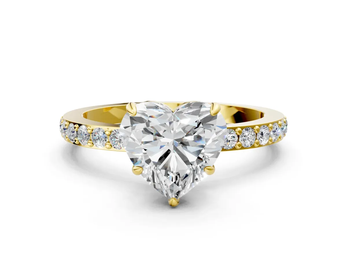 Heart Cut Diamond Solitaire Engagement Ring with Pavé Band and Four-Prong Setting Yellow gold