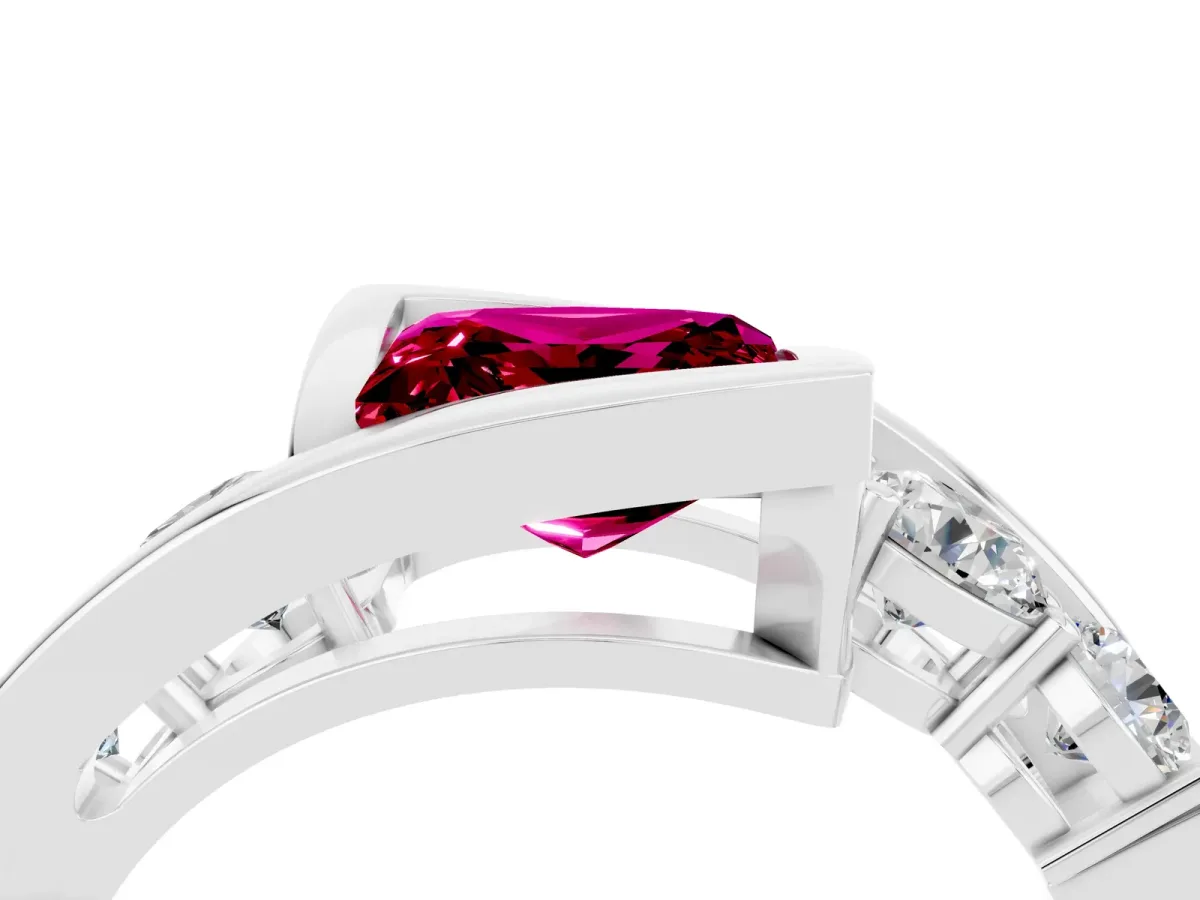Bezel Set Princess Cut Garnet Bypass Ring with Round Accents Platinum