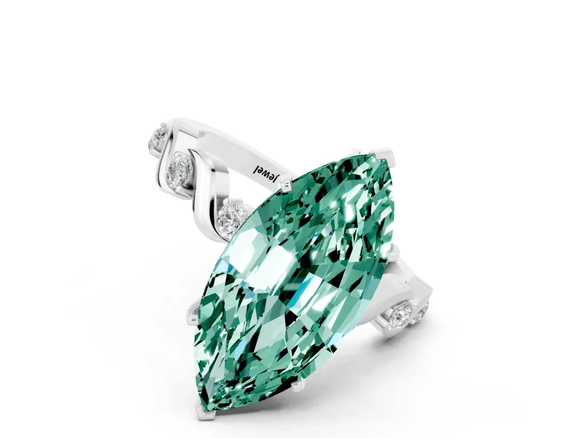 Marquise Cut Green Sapphire Solitaire Twisted Band with Round Accents and Prong Setting Platinum