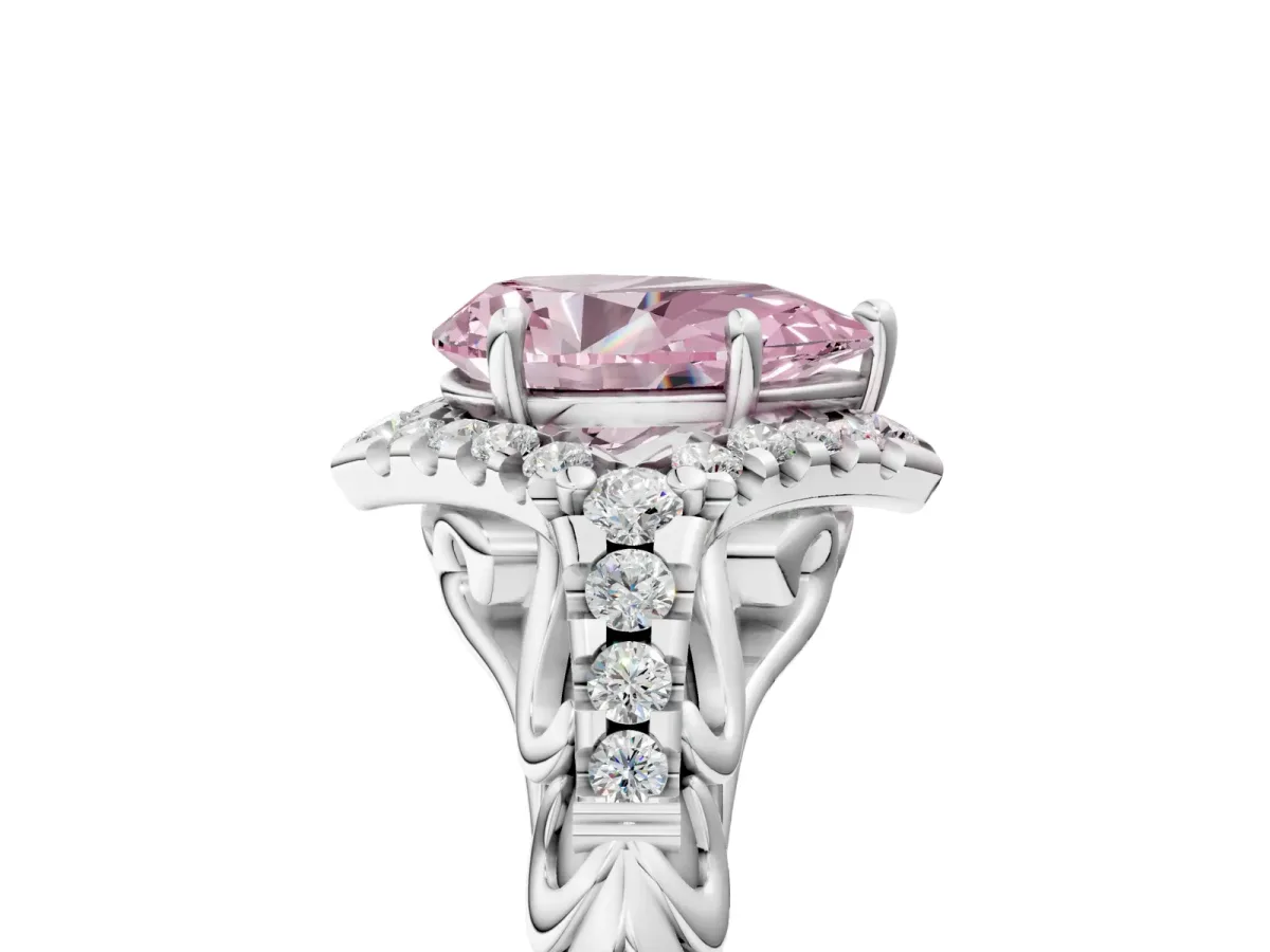 Fancy Pink Pear Cut Diamond Solitaire Ring with Hidden Halo and Pavé Band White gold