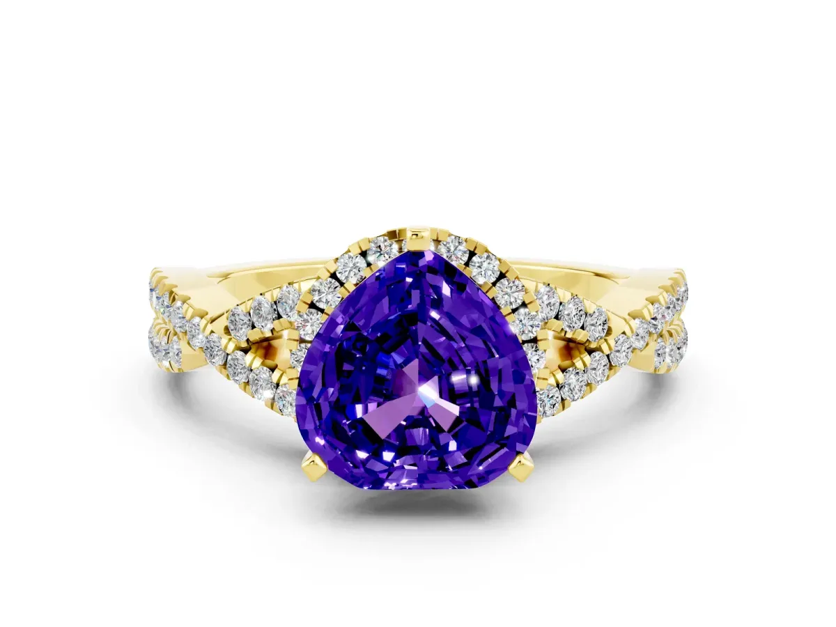 Heart Cut Tanzanite Halo Twist Band Solitaire Prong Setting Ring Yellow gold