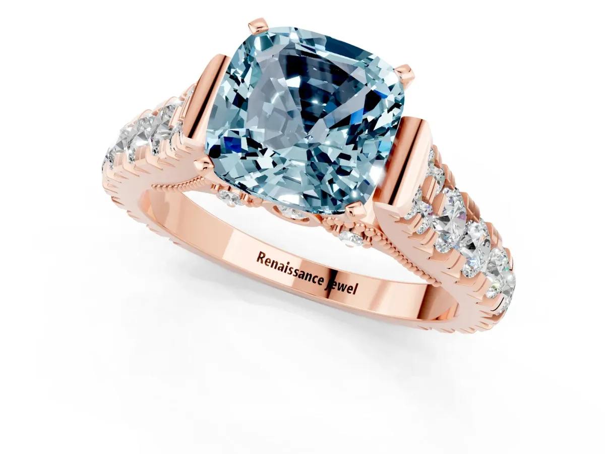 Cushion Cut Aquamarine Classic Solitaire Ring with Pavé Band and Four-Prong Setting Rose gold