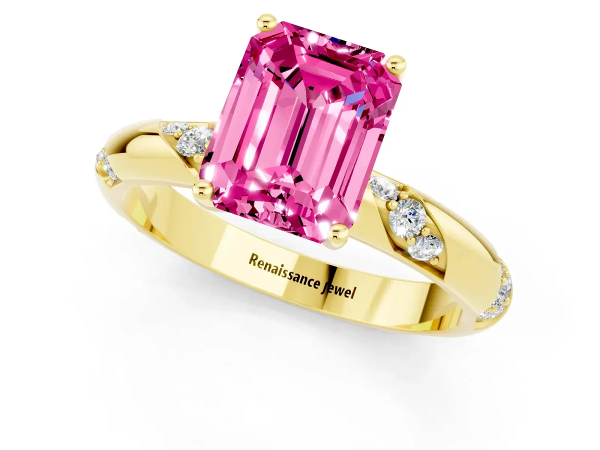 Emerald Cut Pink Sapphire Solitaire Engagement Ring with Twisted Round Accent Band and Prong Setting Yellow gold