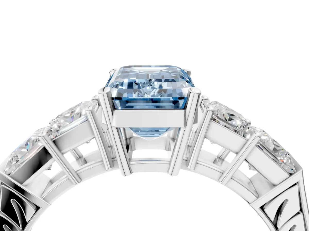 Fancy Blue Emerald Cut Solitaire Princess Side Stone Engraved Band Prong Setting Ring Silver