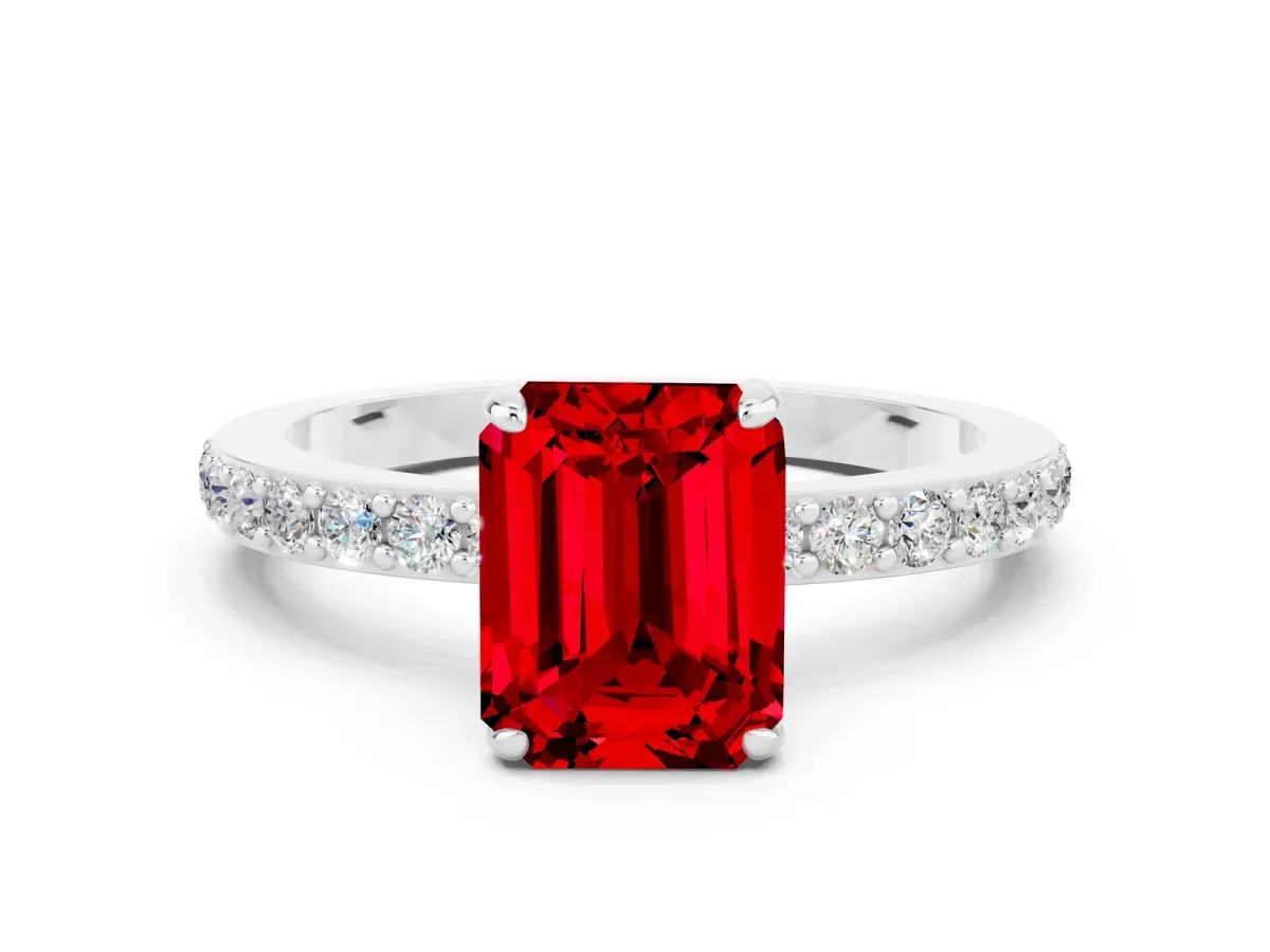 Emerald Cut Ruby Solitaire Engagement Ring with Pavé Band and Four-Prong Setting White gold