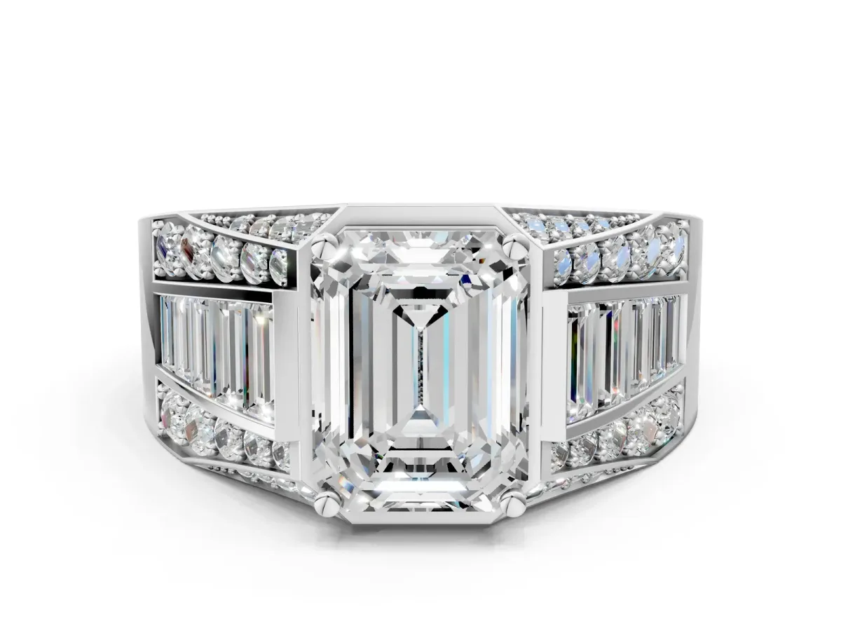 Emerald Cut Diamond Mens Ring with Baguette Side Stones Platinum