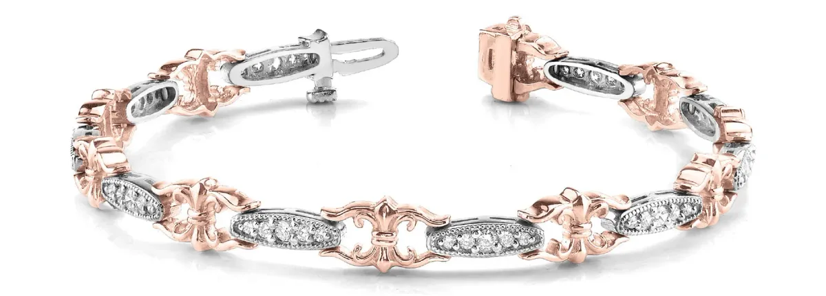 Round Cut Diamond Milgrain Tennis Bracelet with Fleur-de-Lis Prong Setting Rose gold