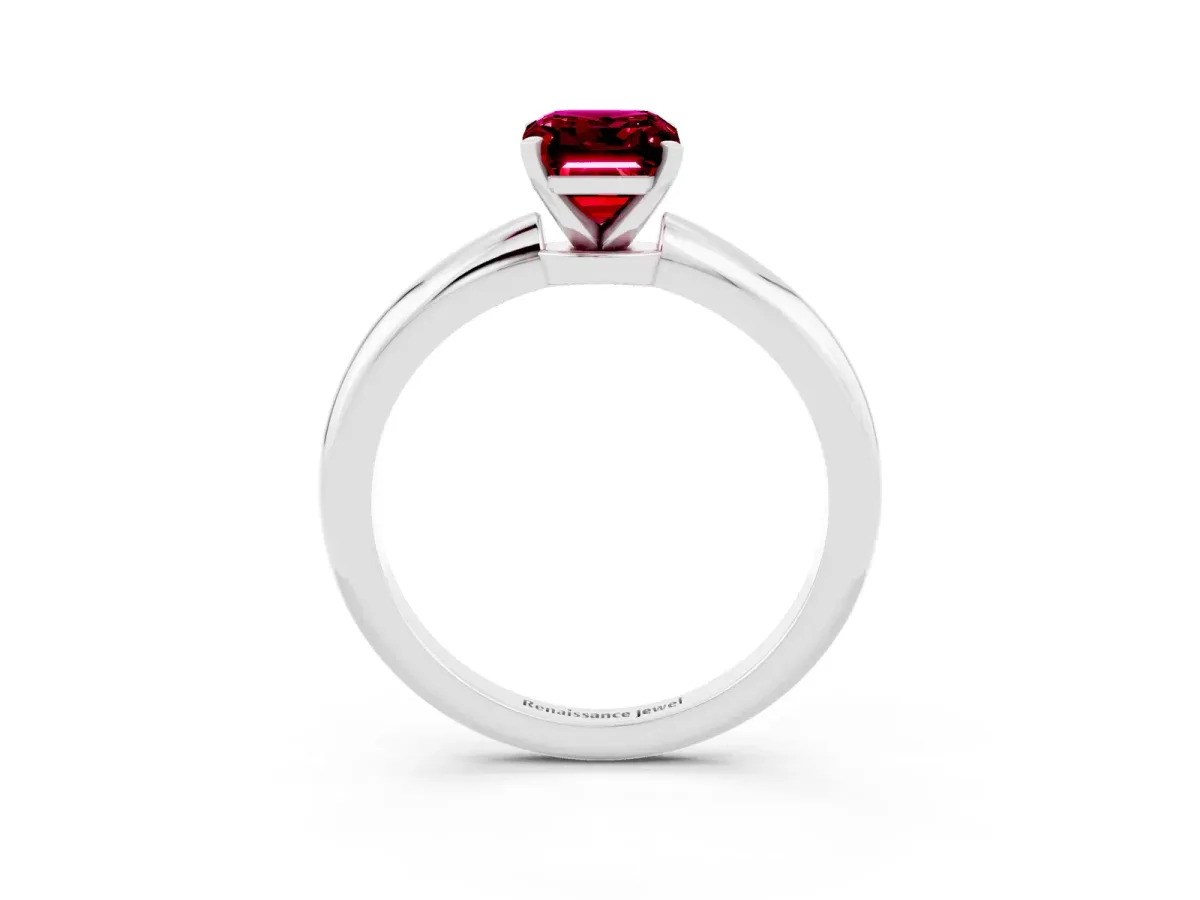 Emerald Cut Garnet Solitaire Ring with Six-Prong Setting and Classic Band Silver