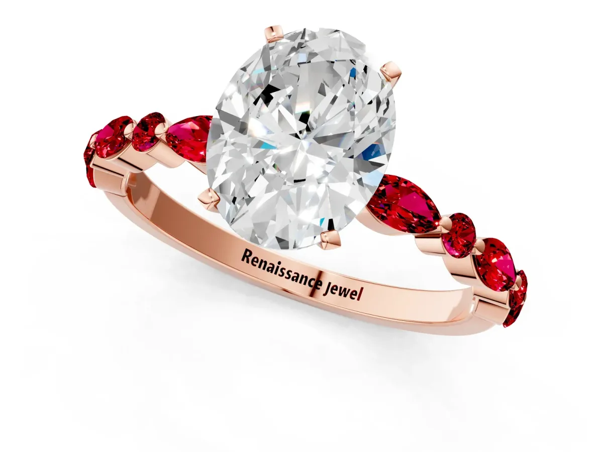 Oval Cut Diamond Ring with Marquise and Round Ruby Side Stones and Four-Prong Setting Rose gold