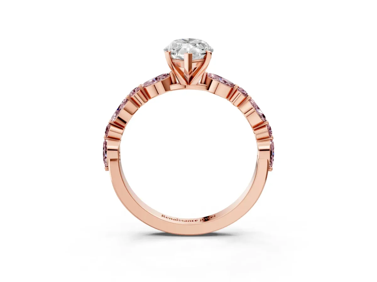 Marquise Cut Diamond Ring with Marquise and Round Morganite Side Stones and Four-Prong Setting Rose gold