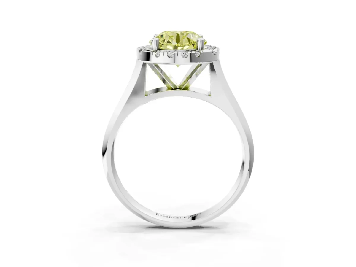 Fancy Yellow Round Cut Cut Halo Solitaire Engagement Ring with Square Band and Four-Prong Setting White gold