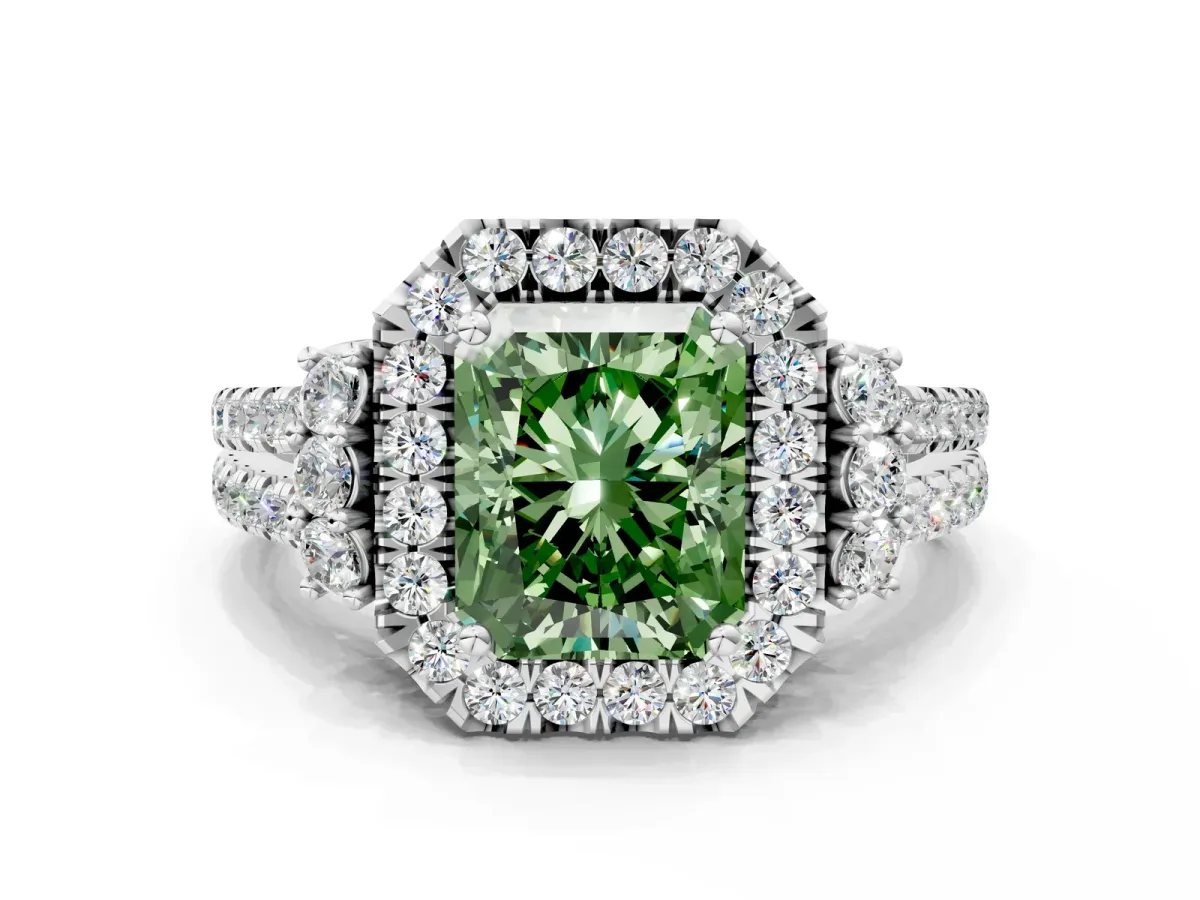Fancy Green Radiant Cut Cut Double Halo Diamond Engagement Ring with Pave Band and Four-Prong Setting Platinum