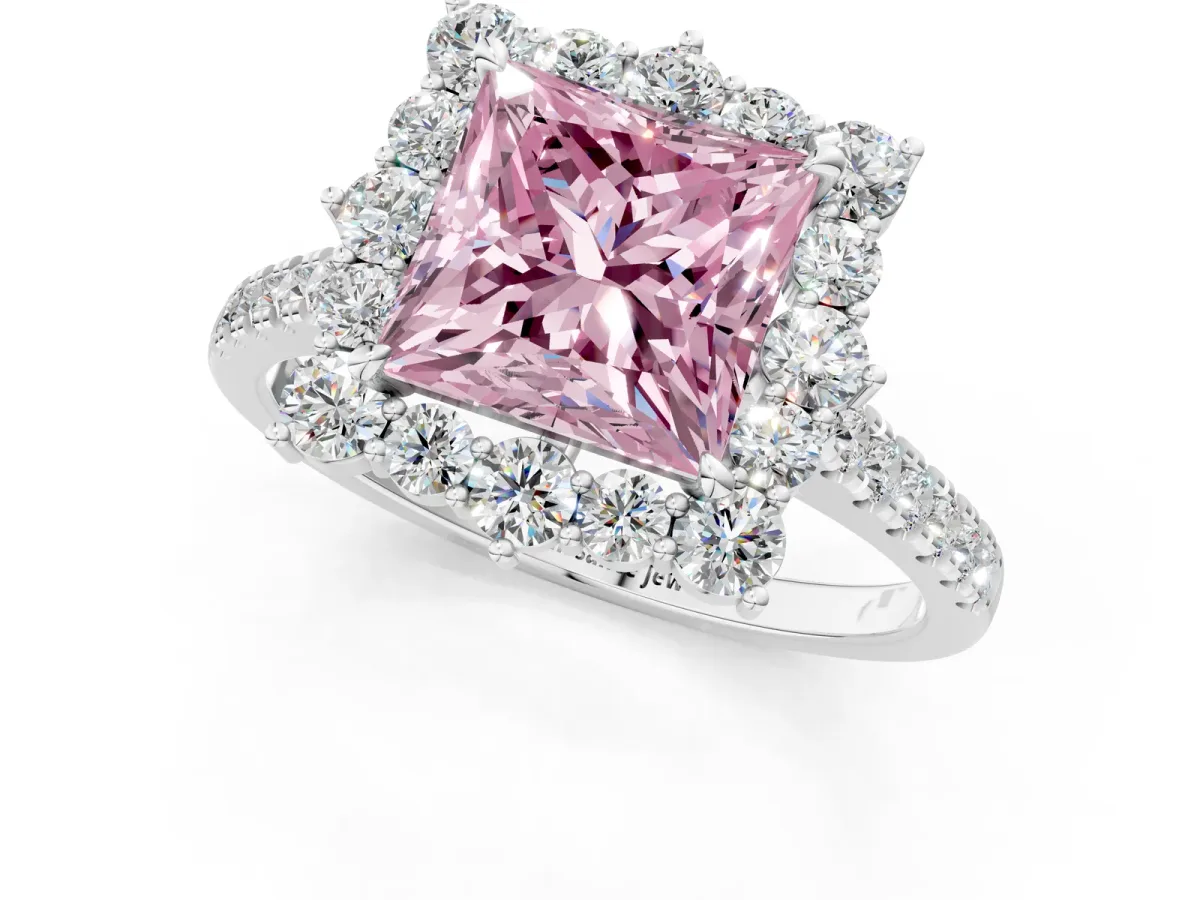 Fancy Pink Princess Cut Halo Diamond Ring with Pavé Band and Prong Setting White gold