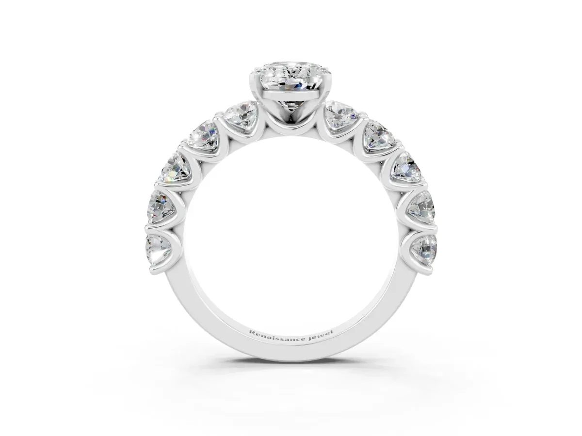 Oval Cut Moissanite Prong Setting with Side Stones on a Pave Band Silver