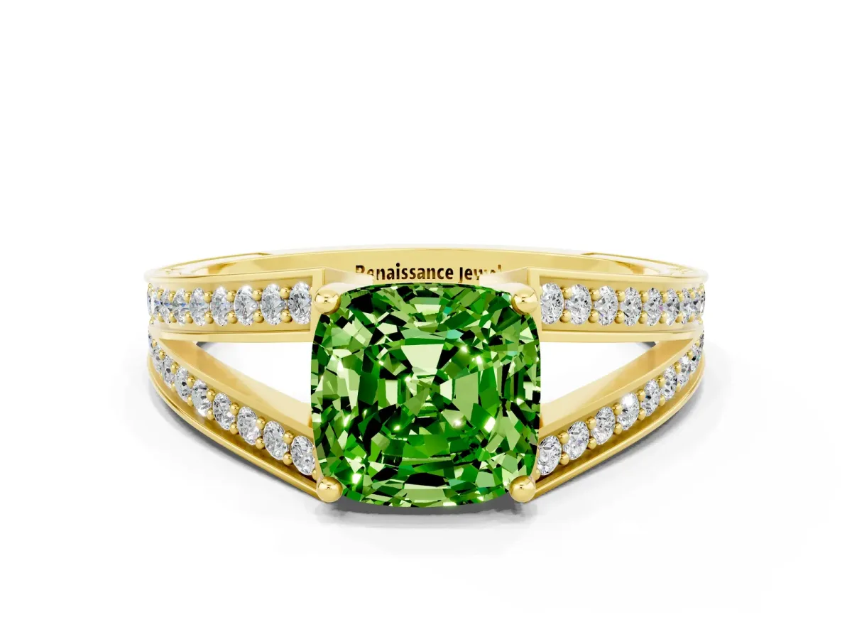 Cushion Cut Peridot Split Shank Ring with Pavé Band and Four-Prong Setting Yellow gold