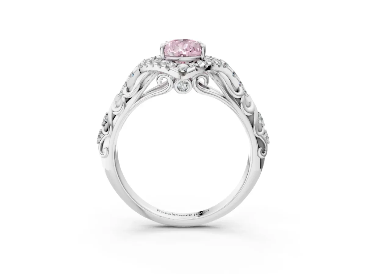 Fancy Pink Pear Cut Diamond Solitaire Ring with Hidden Halo and Pavé Band White gold