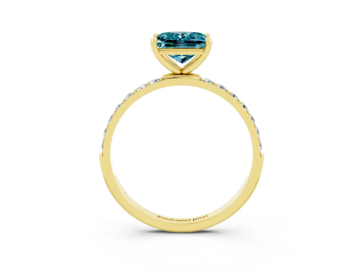 Princess Cut Blue Topaz Solitaire Ring with Round Pavé Band and Prong Setting Yellow gold