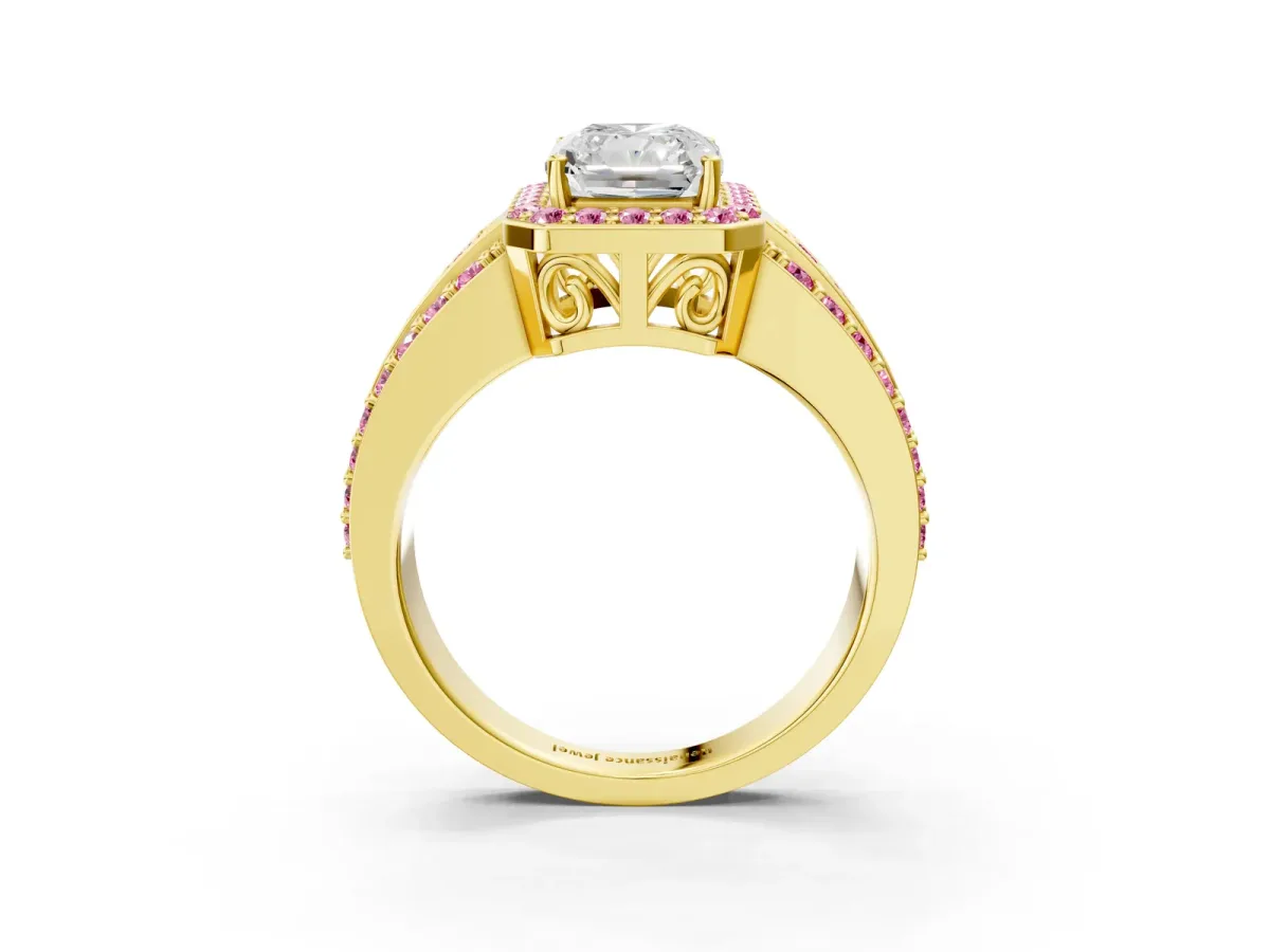 Radiant Cut Halo Diamond Ring with Round Pink Sapphire Split Shank and Prong Setting Yellow gold